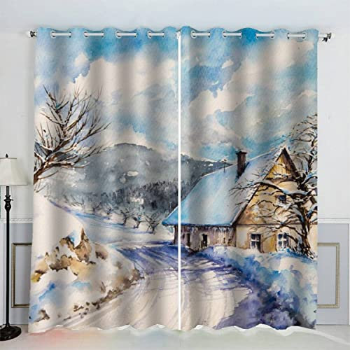 LUORU 3D Winterlandschaft Vorhänge Abdunkelnd ösen 150x166 Polyester Scheibengardinen Aquarell Schnee Weiß Gardinen Blickdicht 2er Set Schallschutz Vorhang Kinderzimmer Wohnzimmer Schlafzimmer