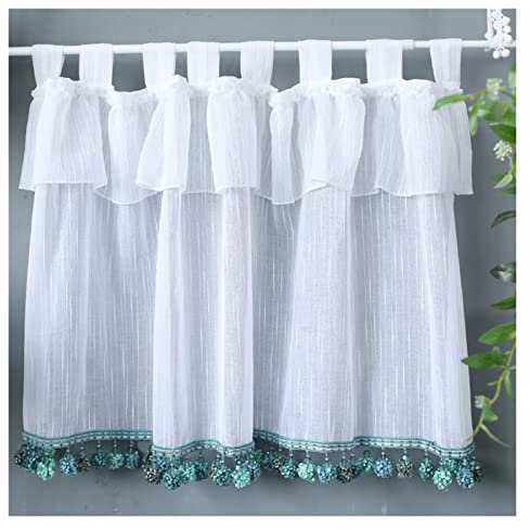 Fodalob Weiße Stufenvorhänge mit Quasten for Kurze Kellerfenster, Garnspitze, transparente Halbfensterdekoration, Verdunkelungsrollo for Wohnzimmer – 150 x 140 cm
