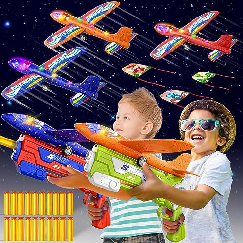 Doloowee 4 in 1 Airplane Launcher, 2 LED in schiuma aereo, 1 aquilone 10 proiettili, giocattolo per volare 3 – 12 anni, ragazzi, ragazze, regali di compleanno (blu + verde)