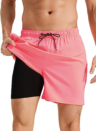Roxdme Short de bain pour homme avec doublure de compression à séchage rapide avec poches zippées, rose, Medium