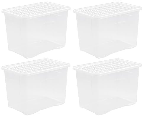 (Set of 4) 80L 80 Litre Crystal Clear Plastic Storage Box With Lid Transparent Storage Container Medicine Toys Garage Office Home & Kitchen Made in UK (80 LITRE, Crystal Container)