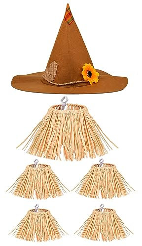HIXNUG 6 Pieces Halloween Scarecrow Costume Set Felt Scarecrow Hat Raffia Scarecrow Straw Kit for Harvest Party Halloween