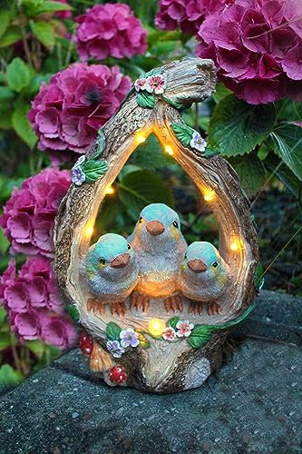 Statuette solaire de jardin tronc d'arbre avec oiseaux 30 cm Lampe solaire de jardin lumineuse aspect bois blanc chaud extérieur
