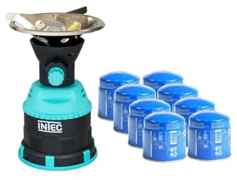 INTEC Rechaud gaz piezo Coque ABS 1200W Rechaud camping Allumage Pièzo + 8 cartouches Butane 190gr