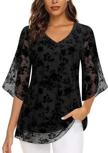Syphiby Plus Size Tops for Women UK 3/4 Sleeve Dressy Tops for Evening Wear Chiffon Dress Shirts Versatile Gorgeous Wedding Womens Summer Tops Ladies Tunic Blouses for Women UK Floral Black-3XL