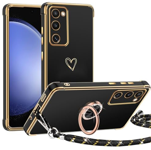 TUUTPU Handyband für Samsung Galaxy S23 5G Hülle mit Band, Herz Muster Handyhülle mit 360° Ring Ständer Dünn Silikon TPU Stoßfeste Schutzhülle mit Abnehmbar Kordel zum Umhängen mit Schnur, Schwarz