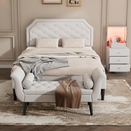 I0I&I0I Luxuriöses Komplettschlafzimmer Set - Polsterbett, Nachttisch & Betthocker - 16-farbige Lichtleisten (Weiß, 140x200 cm)