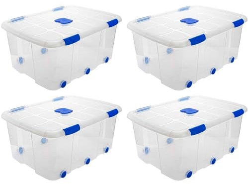 AC - Pack de 4 Cajas de ordenación con Tapa y Ruedas de plástico Transparente N.º 15. Capacidad 100 litros. Dimensiones Aprox.: 76,8 x 56,5 x 34,8 cm