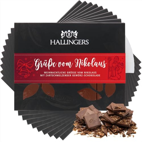 Hallingers Genuss Manufaktur Schokolade Weihnachts-Geschenk - Tafel Edelkakao handgeschöpft ohne Alkohol edler Karton 10x Grüße vom Nikolaus Xmas-Gewürze, Weihnachten für Frauen Männer