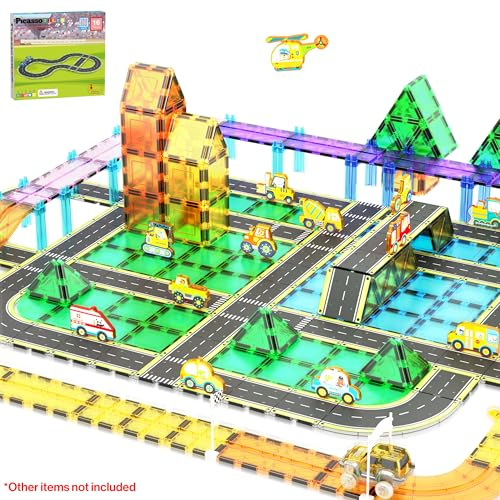 PicassoTiles Magnetfliese, Autostrecke, Abenteuerthema, Bedruckt, Straße, Landebahn, Rennstrecke, Autobahn, magnetische Baufliesen, Blockkonstruktion, Rollenspiel, Spielset, STEM 3+, PTE16