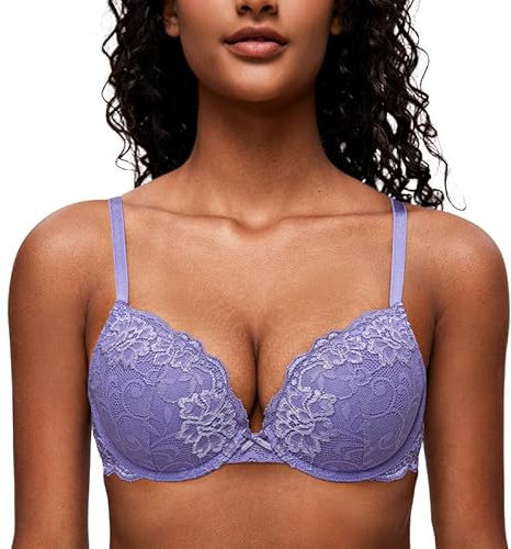 Deyllo Damen Push Up BH mit Blumen Spitze Schalen Bügel BH Gepolstert Elegant Helllila 80A/36A