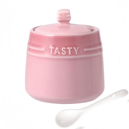 Dowbom Salt Pot, Solid Color Porcelain Sugar Pot, For Coffee Bar, Sugar Bowl With Lid And Spoon (Pink,10 OZ), DB-TG-011