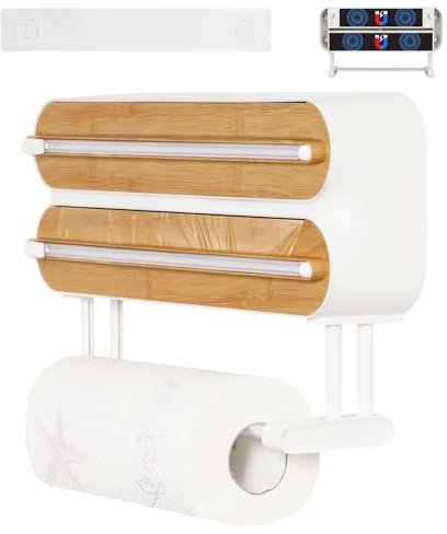DBREAKS Wandrollenhalter Küche 3-in-1 Frischhaltefolienspender, küchenrollenhalter magnetisch, Frischhaltefolie Schneider, Papierrollenhalter, Folienspender Mit Frischhaltefolie,Weiß