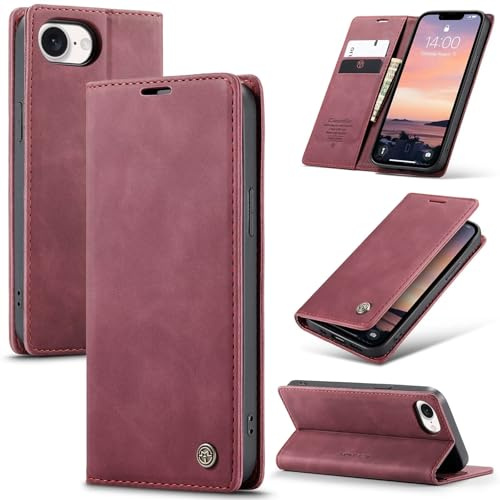 SLWYF Handyhülle für iPhone 16E/iPhone 17E/SE4 2025 Hülle Premium Lederhülle Klappbar Flip Case Tasche Magnet Kartenfach Standfunktion Klapphülle Schutzhülle für iPhone 16E/iPhone 17E/SE4 2025, Rot