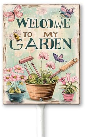 Geroclonup Welcome To My Garden Cartello con paletto, decorazione artistica da cortile, decorazione artistica per interni ed esterni, in alluminio, per cortile, sentiero, patio, cortile