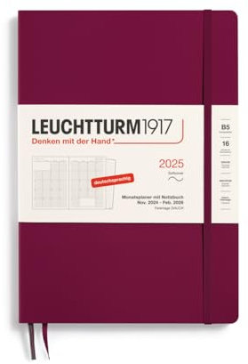 LEUCHTTURM1917 370603 Monatsplaner & Notizbuch Composition (B5) 2025, 16 Monate, Softcover, Port Red, Deutsch