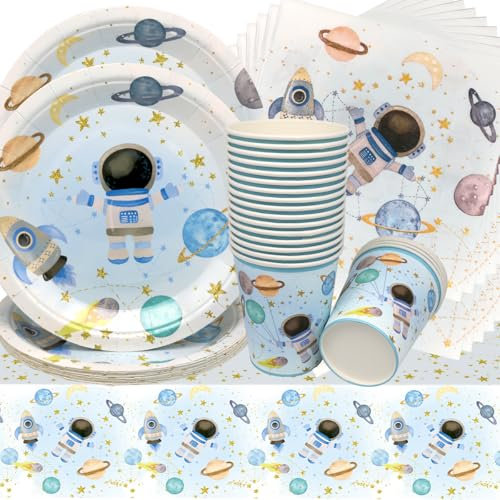 Stoviglie per Feste Spaziali,Doyomtoy 61 Pezzi Spazio Compleanno Decorazioni Spaziali Pianeta Astronauta Piatti di Compleanno, Tazze, Tovaglioli per Baby Shower Bambini Compleanno