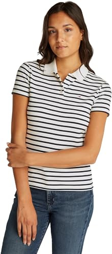 Tommy Jeans Damen Poloshirt Kurzarm Slim Essential Stretch, Mehrfarbig (Ecru/Navy Stripe), S