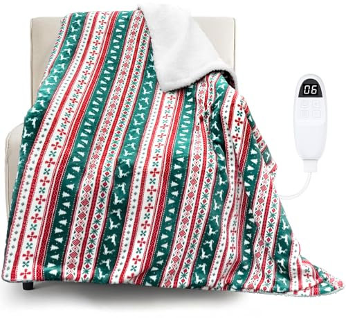 anysun Couverture Chauffante Electrique, Couverture Chauffante 200 x 180 cm, 6 Niveaux de Chaleur, Minuterie de 10 Heures, Renne de Noël, Flocon de Neige Plaid Chauffant pour Lit, Lavable en Machine