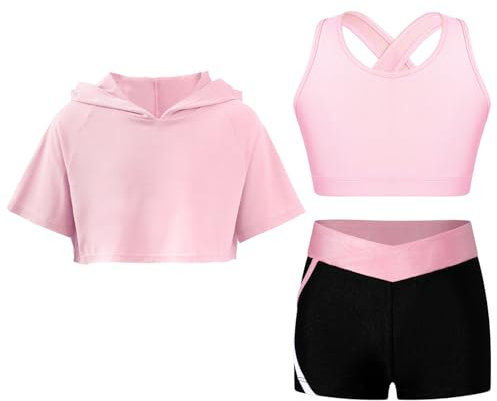 Alvivi Ensemble De Sport Danse Enfant Fille Sweat à Capuche Manches Courtes Haut Et Short De Sport Fitness Gymnastique 5-16 Ans A Rose 11-12 ans