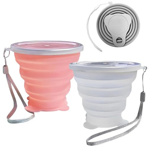 WERIGONI Juego de 2 Tazas Vaso Plegable de Silicona, Taza Plegable Vaso Reutilizable expandible portátil con Tapa para Viajes