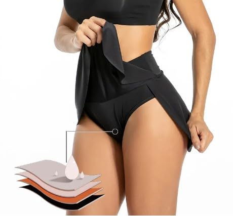 VEINTITRÉS Falda de Natación Menstrual de Verano de 4 Capas, Vestido de Playa para Mujer, Culotte Menstruelle, Traje de baño menstruales, Bikini menstruación (FR/ES, Letras, XS, Regular, Alto, Negro)