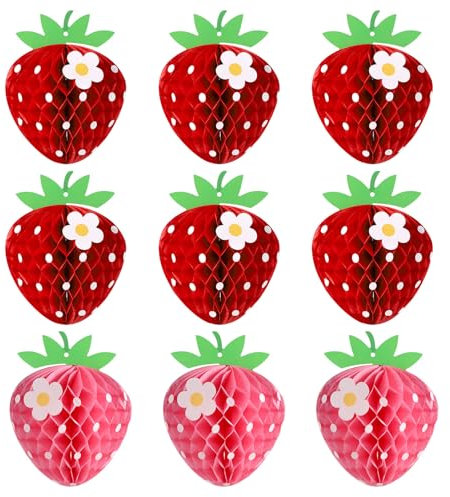 9 Stück Erdbeer Wabenbälle, Tischdekoration aus Papier mit Erdbeeren Party Dekorationen mit Erdbeeren Hängende Erdbeer Dekorationen für Partyzubehör zum Geburtstag Oder für Babypartys