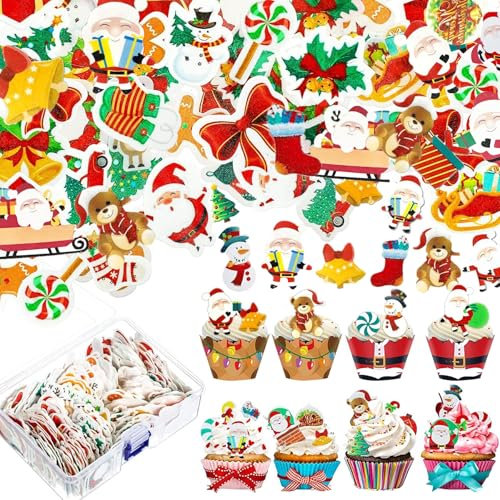 100 Stück Essbare Tortendeko Weihnachten, Zuckerdekor, Kuchen Deko, Muffin Deko für Cupcakes, Muffins, Kuchen Party Dekoration