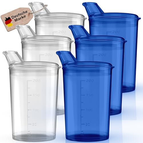 Juego de 6 Vasos Infantiles con Tapa para Pico, 250 ml, Transparente y Azul, Juego de 6 Vasos con 6 Tapas de Apertura de 12 x 10 mm, Vasos con Tapa para Bebés y Niños