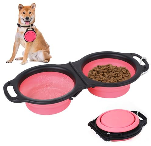 Collapsible Dog Bowl, 2 in 1 Portable Travel Bowls Dog Water Bowl Foldable Pet Camping Accessories with Carabiner Pink