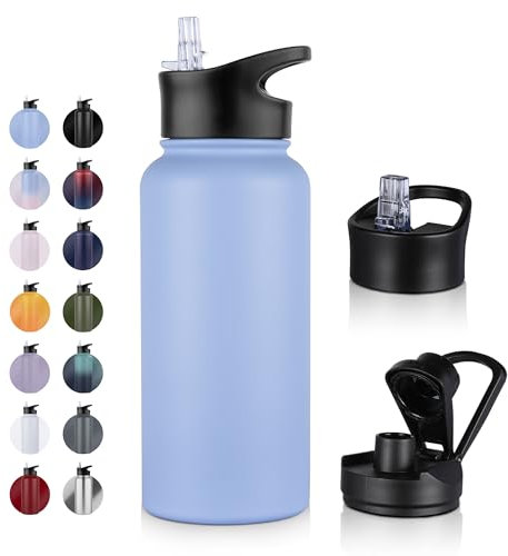 UMBFUN Insulated Water Bottle - 1L 2 Lids (Straw Lid and Spout Lid) - with Straw,Stainless Steel Double-Walled Insulated Vacuum Leakproof,BPA Free,Drink Flask for Travel Sports Gym Camping Hiking