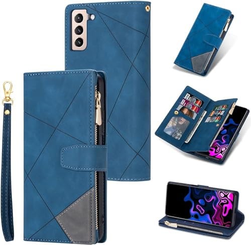 UEEBAI Case for Samsung Galaxy S24 FE 5G, Retro Zip, Mobile Phone Case, PU Leather Flip Case, Silicone Bumper with 9 Card Slots, Stand Function Wallet Carrying Strap Protective Case Wallet
