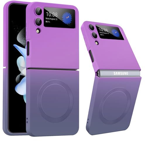 Magnetisch für Samsung Galaxy Z Flip 4 Hülle mit Mag-Safe，Eingebaute Kamera schutzfolie, Samsung Z Flip 4 Hülle Anti-Fingerabdruck, Farbverlauf Weiches Flüssig silikon Z Flip 4 Hülle (Lila+Grau)