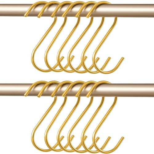 Airesly S Hooks Heavy Duty Brass & Copper Gold S Hooks - Gold Coat Hangers for Clothes, Brass Hooks for Towels, Kitchen Pots & Pans, Coffee Cups, Bird Feeders & Plants（Brass Gold） (Gold02)