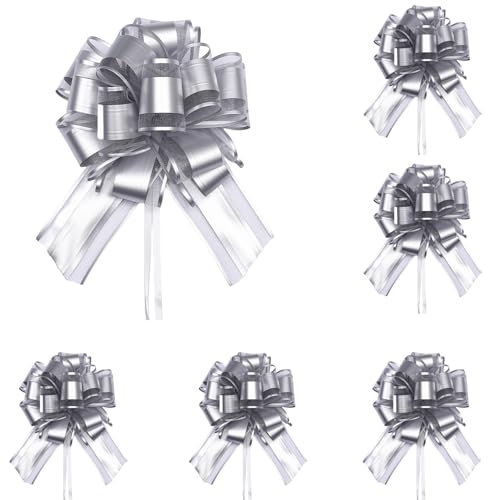 CENCERY 6 Pcs 7 in Large Pull Bows Silver Pull Bows Large Gift Bows Silver Wrapping Bows Large Silver Bows for Gift Wrapping Silver Bows for Presents, Valentine's Day Birthday Gift Decorations