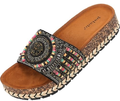 Palado Damen Plateau-Sandalen Olafir - bequeme Pantoletten - elegante Hausschuhe - modische Sommerschuhe Schwarz UK5,5 - EU38