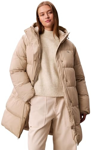 Calvin Klein Damen Daunenmantel Belted Midweight Long mit Taillengürtel, Elfenbein (Island Fossil), XS