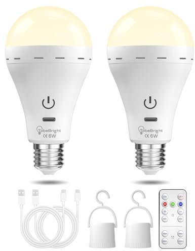TobeBright Rechargeable Light Bulb with Remote, 6W Touch Control E27 LED Bulb, 3 Colour Temperatures Adjustable + 10-100% Dimmable, Outdoor Camping Emergency LED Light Bulb with Hook, 2 Pack