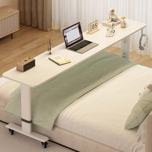 GUHPZA Overbed Table Adjustable Overbed Table with Wheels for Home Office Use Rolling Bedside Laptop Desk with Height and Length Adjustment,Bianco-White Legs