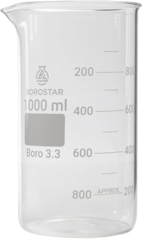 Borostar Becherglas 1000 ml, Borosilikatglas 3.3, hohe Form, mit Graduierung und Ausguss, Höhe 192 mm, Ø 90 mm