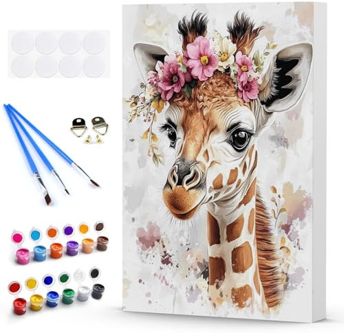 Peinture par Numero Adulte, Girafe à l'aquarelle avec couronne de fleurs, DIY Peinture à l'huile par Numéros sur Toile Artisanat avec Pinceaux et pigment, Decoration Maison Cadeau 30x40cm encadré