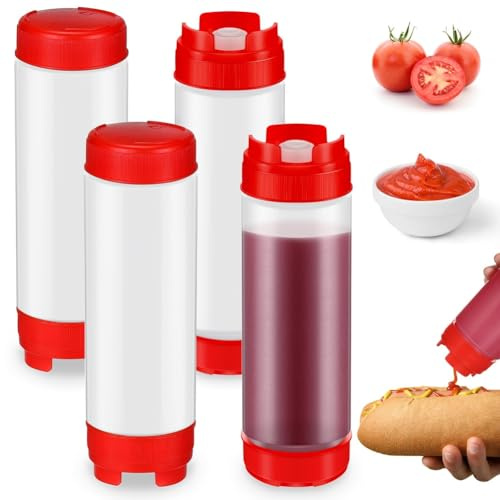 Sknrlko 4 Stück Quetschflaschen, Nachfüllbar, 580 Ml, Umgedrehte Kunststoffspitze, Großer Ventilspender, Quetschflasche für Gewürze