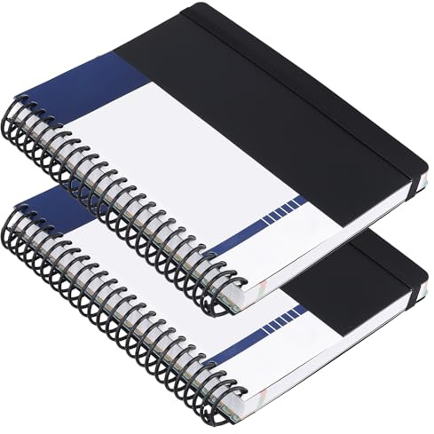 FAAING 2 Stück Notizbuch A5 Liniert Spiralbindung Schwarz, PVC Hardcover Notizblock mit 240 Seiten 90GSM Liniert Papier, 3 Herausnehmbaren Trennblätter, Spiral A5 Notebook für Büro, Schule, Reisen