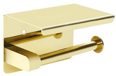 NIKCORP - Porta Carta Igienica con Ripiano, Porta Carta Igienica in Acciaio Inox Spazzolato, Porta Carta Igienica a Parete per Bagno - Oro Cromato
