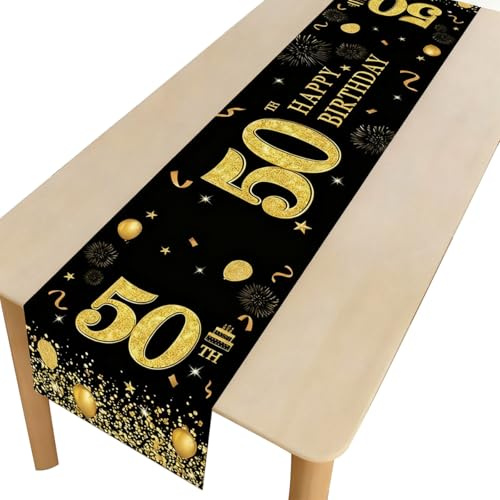 VGRDTM 50th Birthday Decorations, 50th Birthday Table Decorations, Black Gold Table Runner Party Supplies for Men Women,Happy Five Decades Celebration cloth, 180x35cm