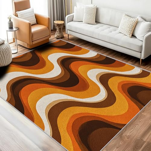 Generisch Teppich Retro 70er, 100x150, Wohnzimmer Schlafzimmer, Mid Century Modern Motiv Design Zimmer Deko, Waschbar, rutschfest, Kurzflor, Weich A4727