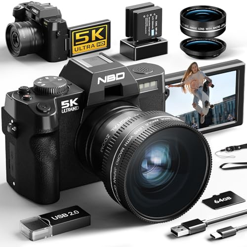 NBD 5K Digitalkamera 64MP mit Autofokus & 16X Zoom, F1.8 Nachtsicht, 3 180° klappbarem Display, WiFi, Webcam – Inkl. Weitwinkel/Makro-Linse + 2 Akkus + 32GB Karte (Silber)