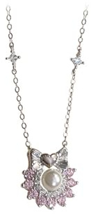 Mesnt Damen Halskette Weissgold 585 Echt, 14 Karat Bow-Knot und Blume Lab entwarfen eine rosa Saphirkette mit Perle und Moissanit, Länge 40+5cm