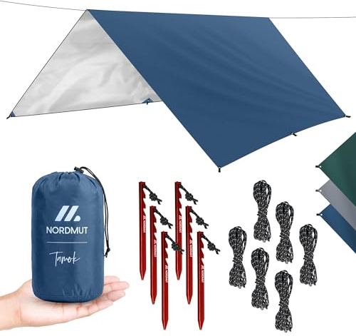 NORDMUT® Tarp 3x3/4m wasserdicht für optimalen Regen- und Sonnenschutz – Robuste Zeltplane kleines Packmaß mit Ösen – Tarp Ultraleicht für Camping & Wandern (Blau, 300 x 400 cm)