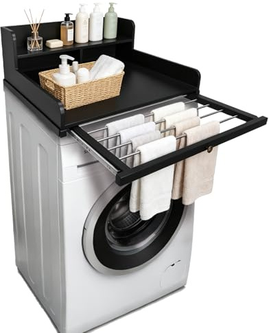 Piano di lavoro lavatrice con portasciugamani estraibile, in legno con ripiano a 2 livelli, impermeabile e con protezione dei bordi, per lavatrice e asciugatrice, 61 x 64 x 31 cm (nero)
